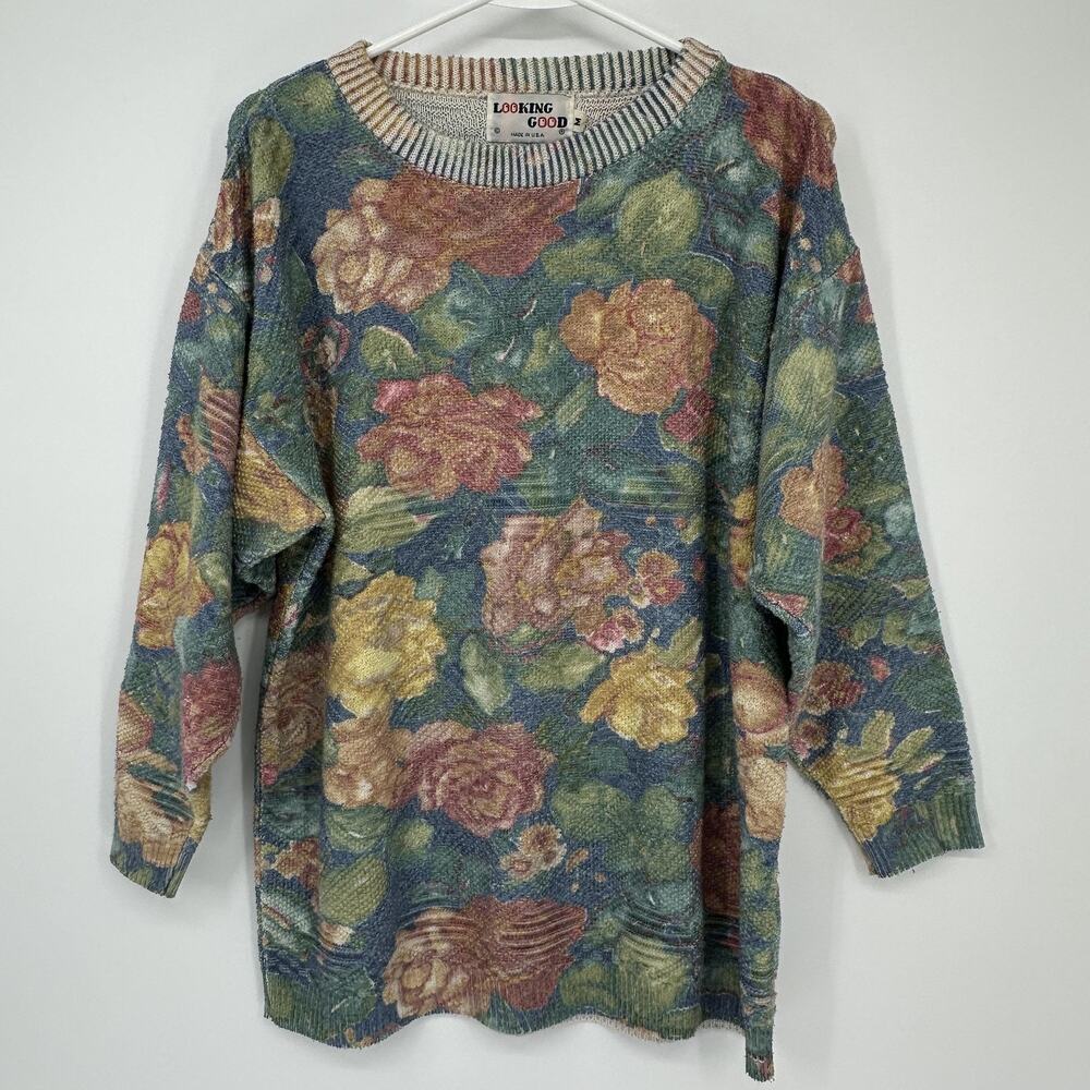 Vintage Looking Good Women M Floral Tapestry Knit Sweater Multicolor Made in USA